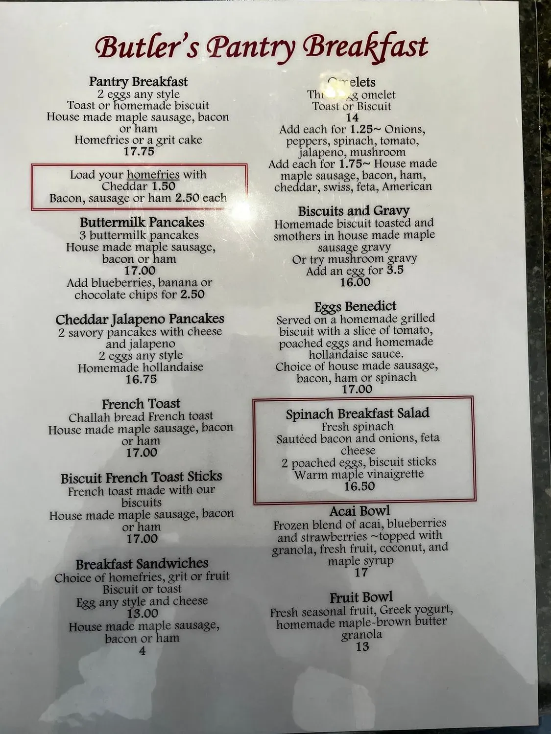 Butler's Pantry Breakfast and Dinner Menu - Updated November 2025