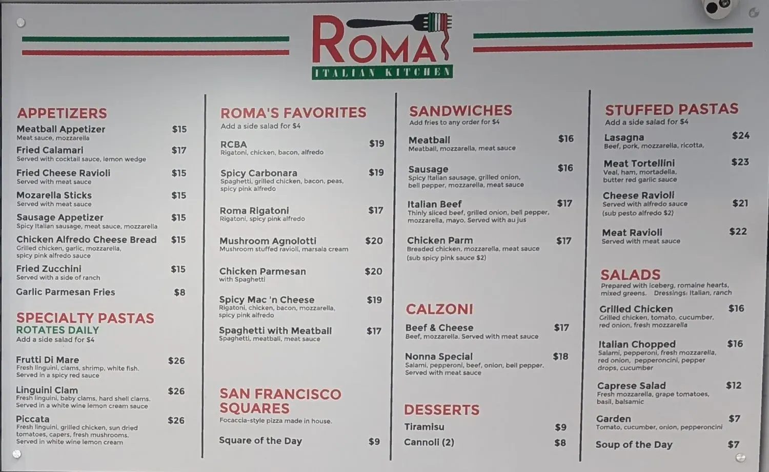 Roma Italian Kitchen Menu - Updated November 2025