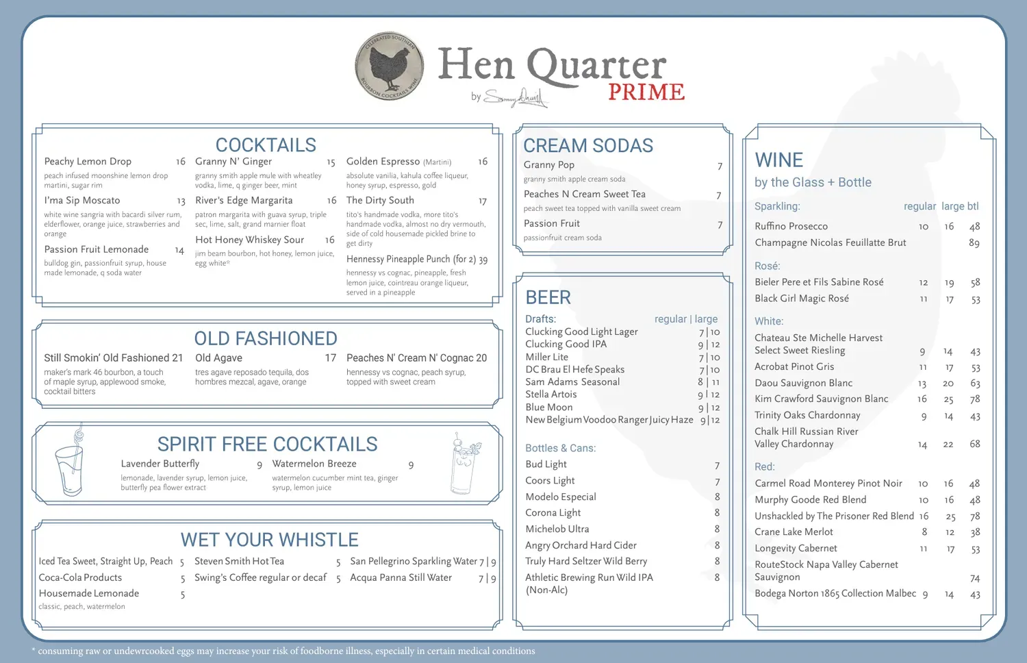 Hen Quarter Prime Menu - Updated November 2025