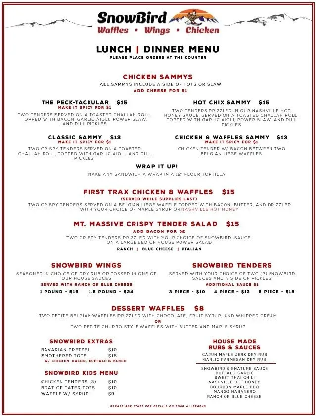 SnowBird Cafe and Bistro Menu - Updated November 2025