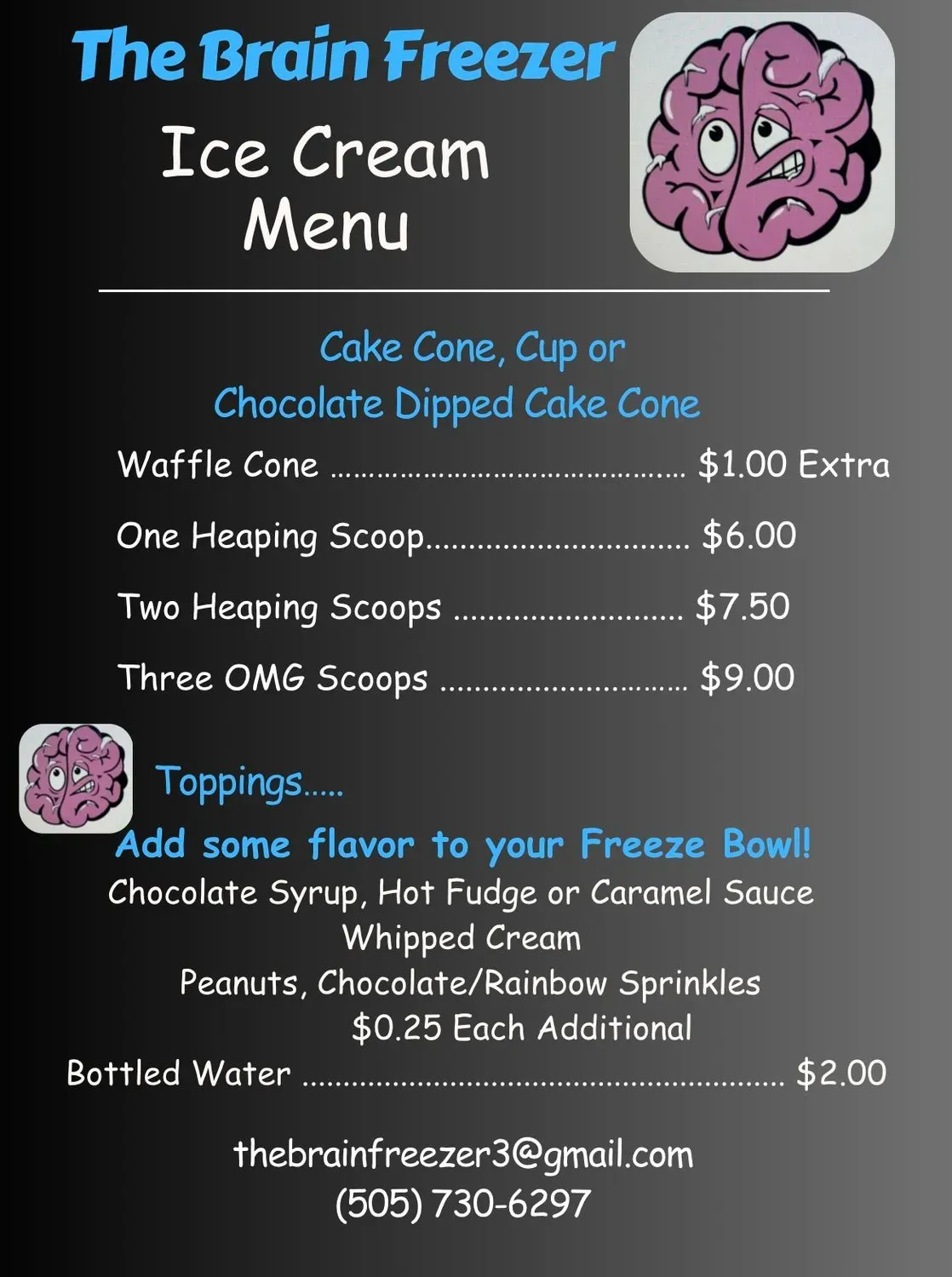 The Brain Freezer Menu - Updated February 2025