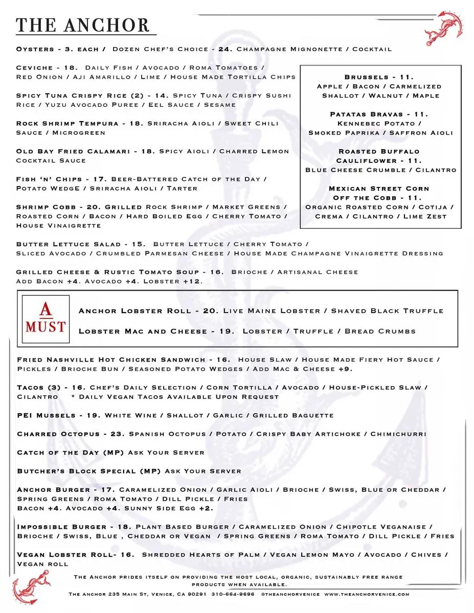 The Anchor Menu Venice, CA Checkle