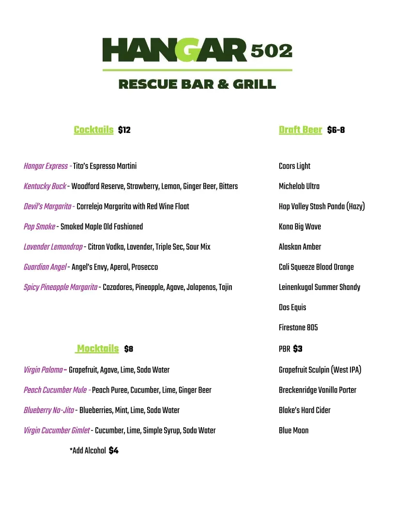 Hangar 502 Menu - Updated November 2025