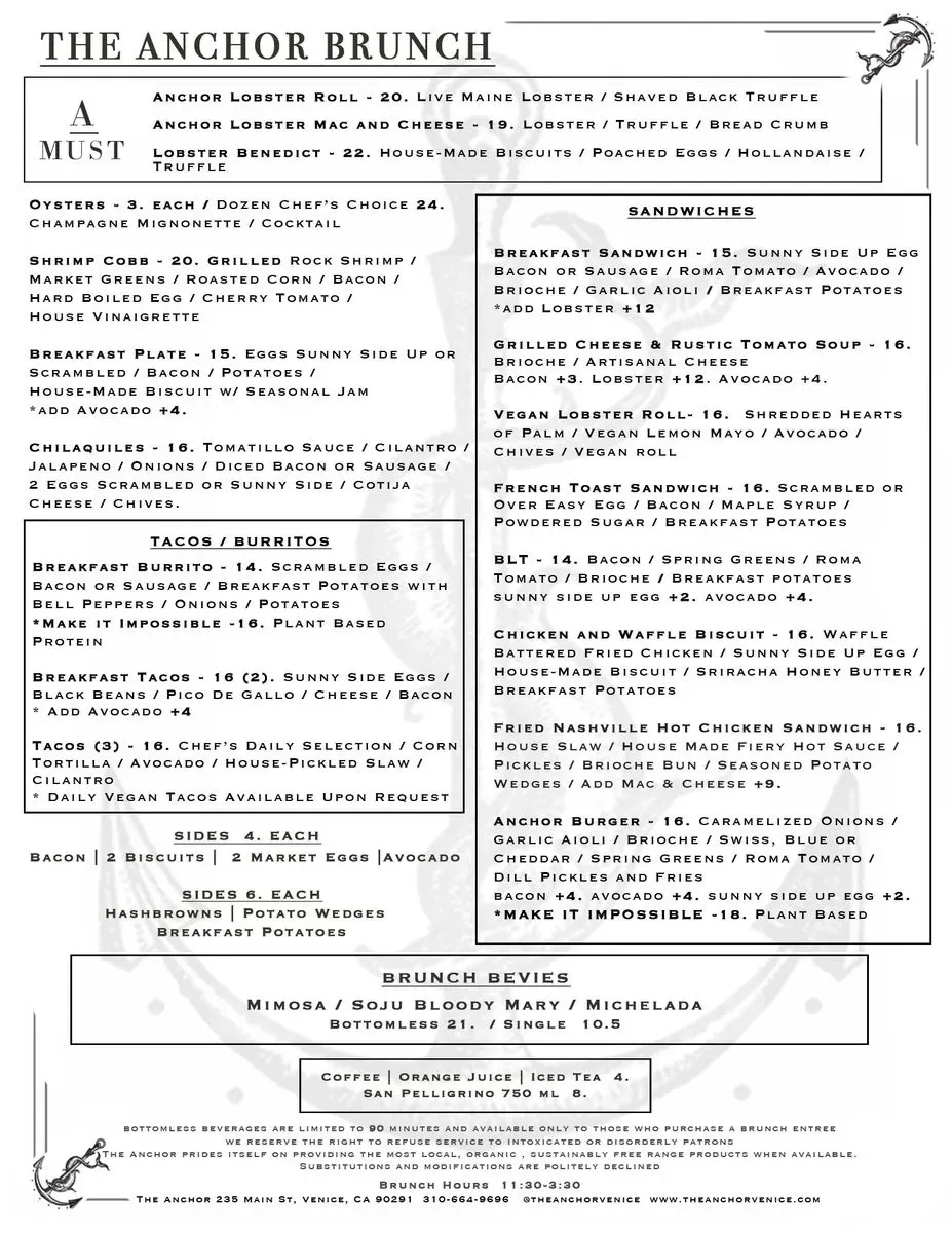 The Anchor Menu Venice, CA Checkle