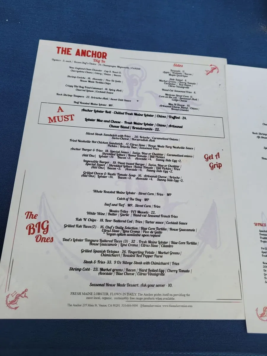 The Anchor Menu Venice, CA Checkle