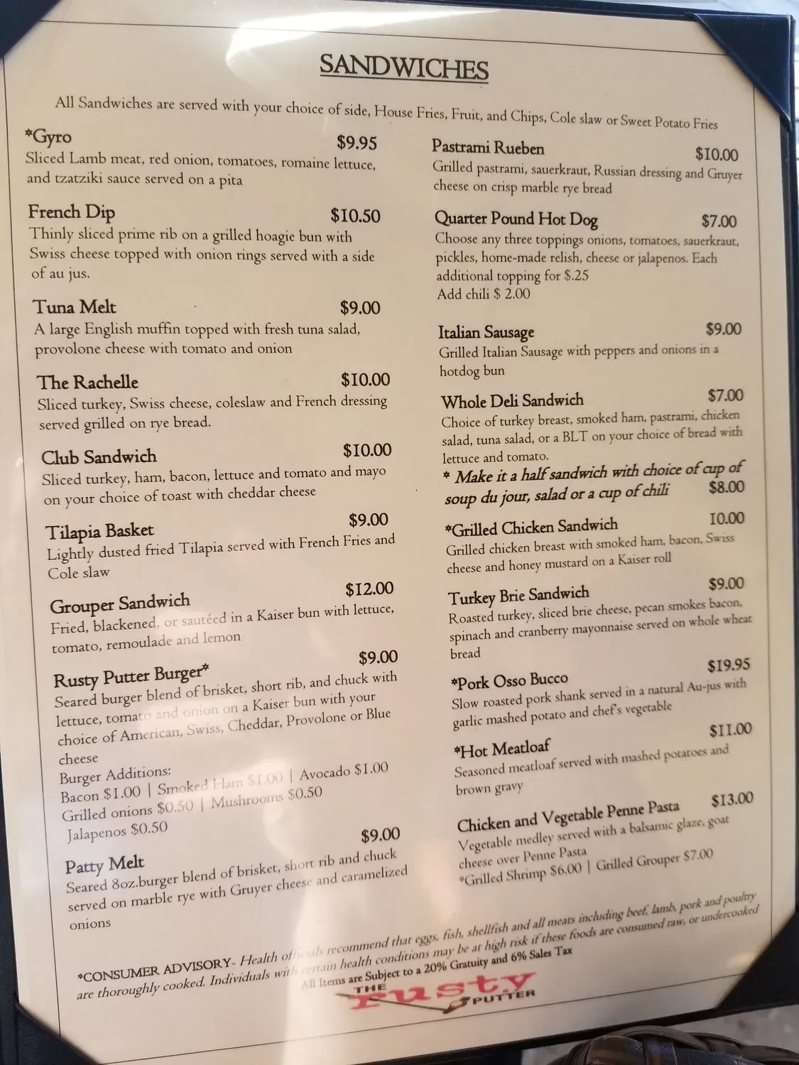 The Rusty Putter Menu - Updated November 2025