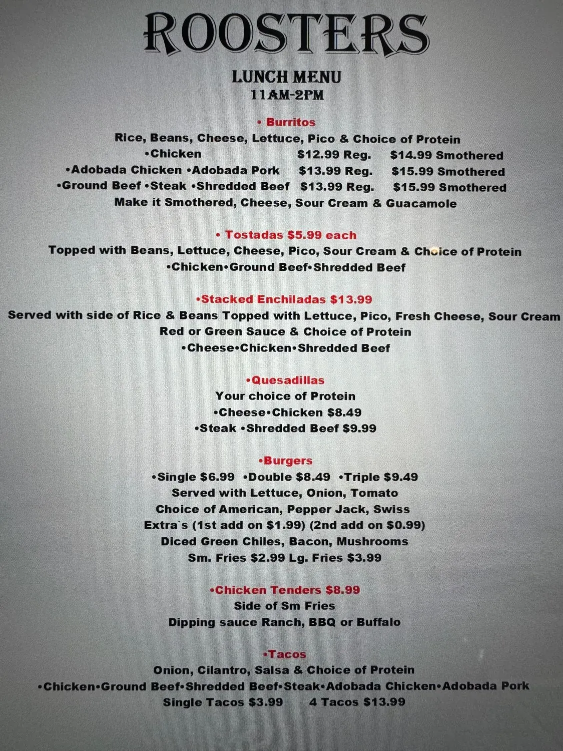 Roosters Menu - Updated November 2025