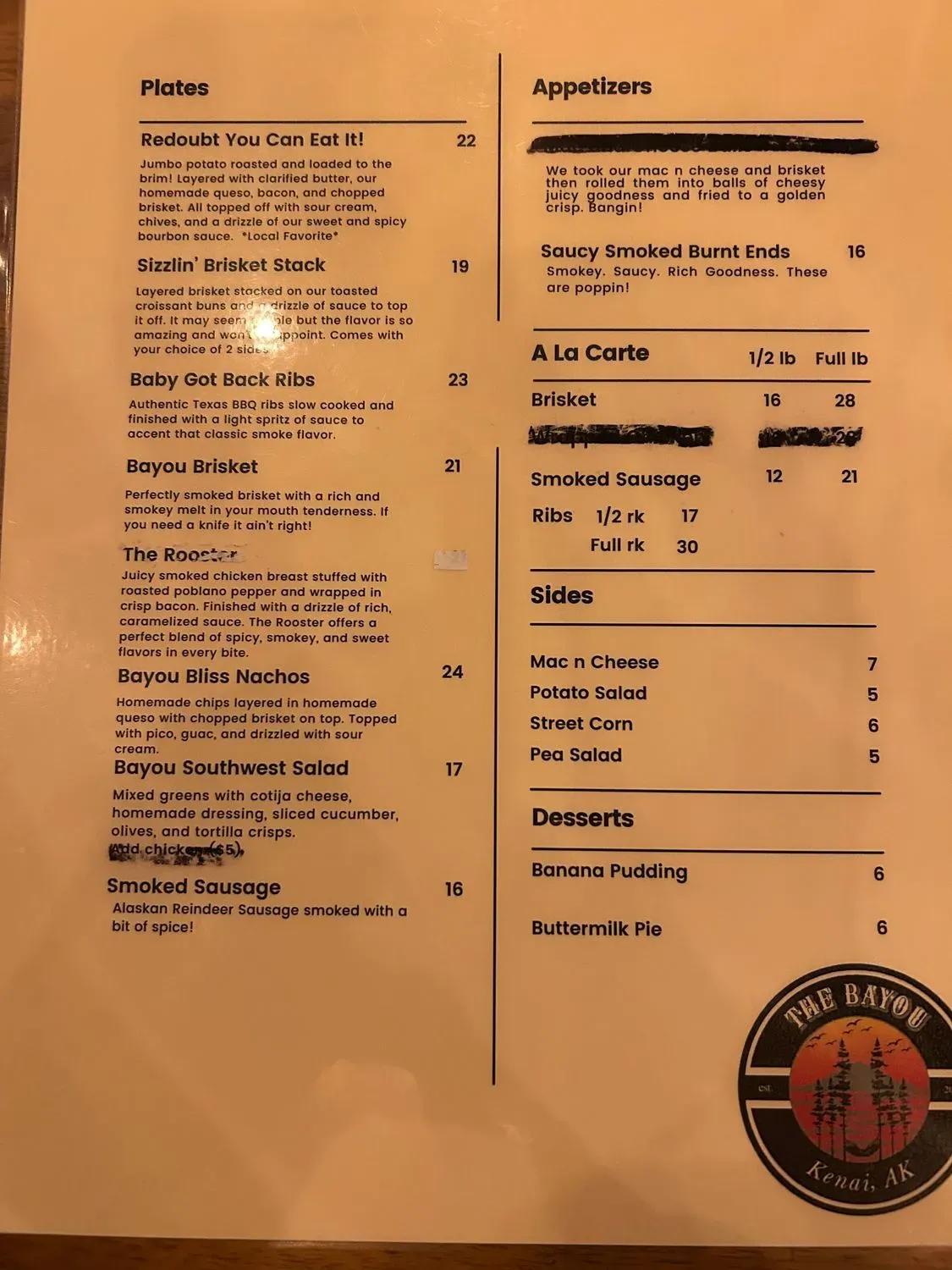 The Bayou Menu - Updated November 2025