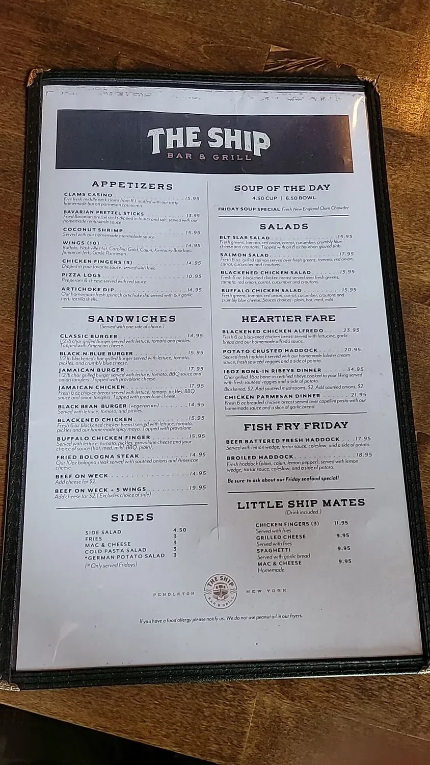 The Ship Bar & Grill Menu - Updated November 2025