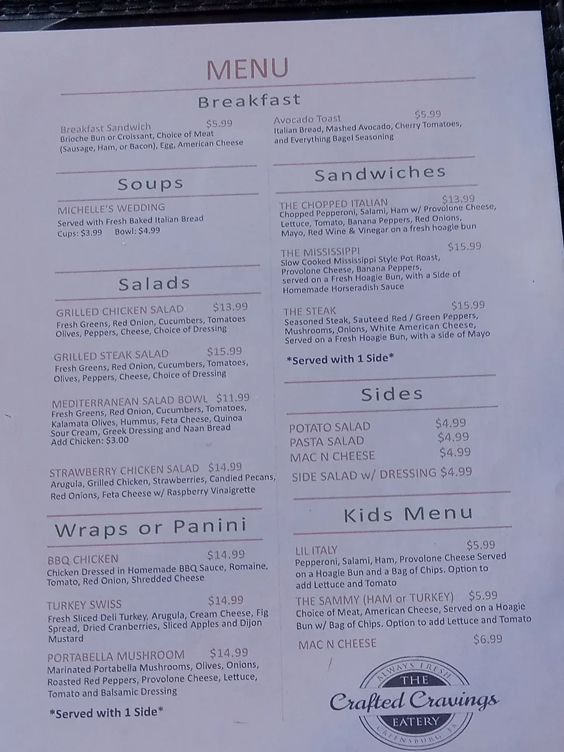 The Crafted Cravings Eatery Menu - Updated November 2025