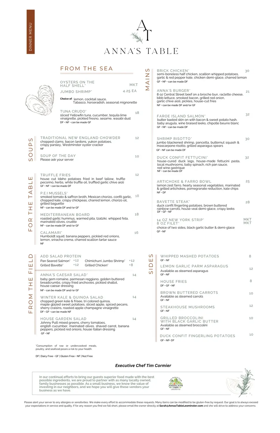 Anna's Table Menu - Updated November 2025