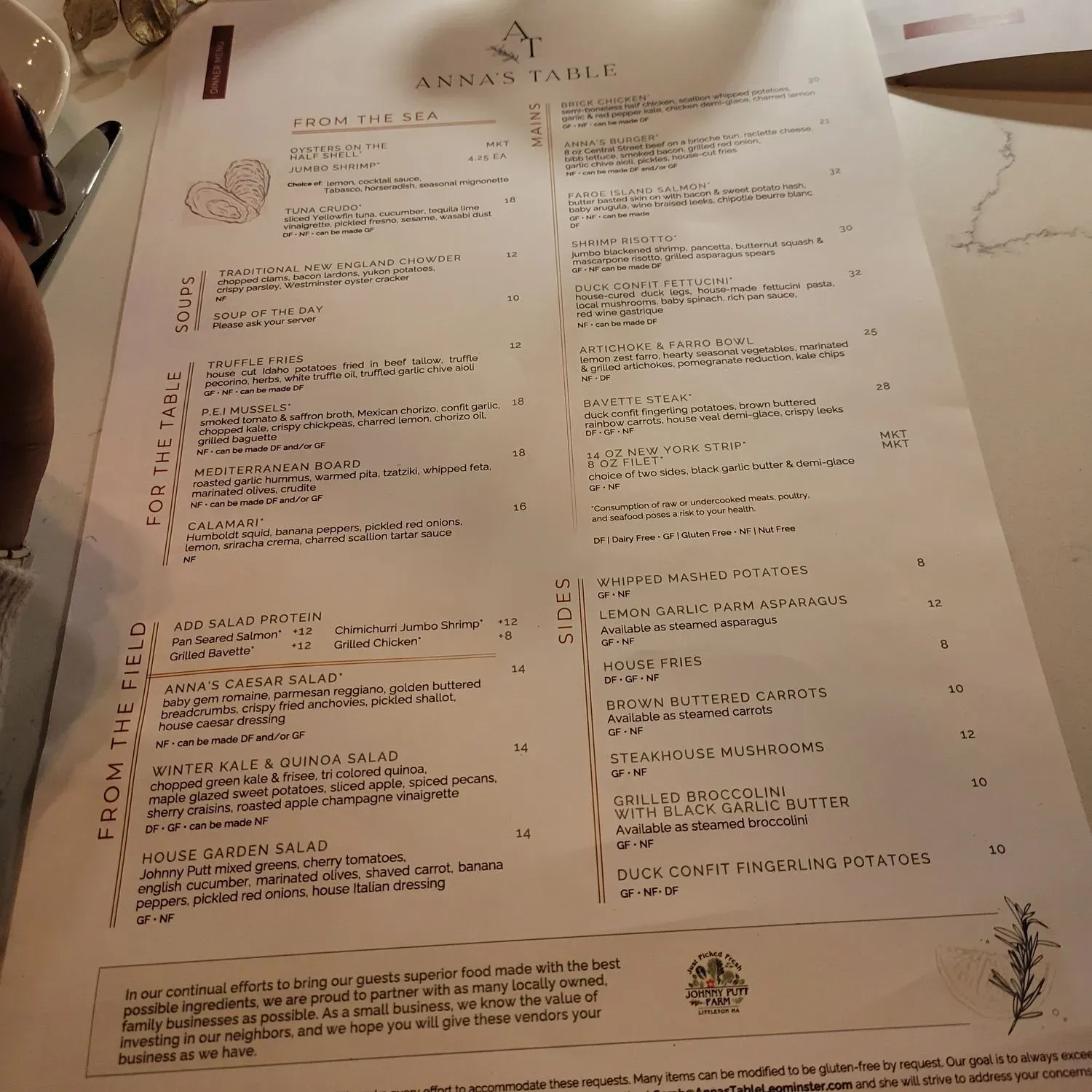 Anna's Table Menu - Updated November 2025