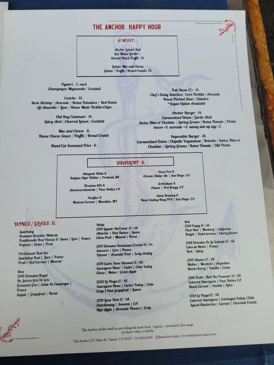 The Anchor Menu Venice, CA Checkle