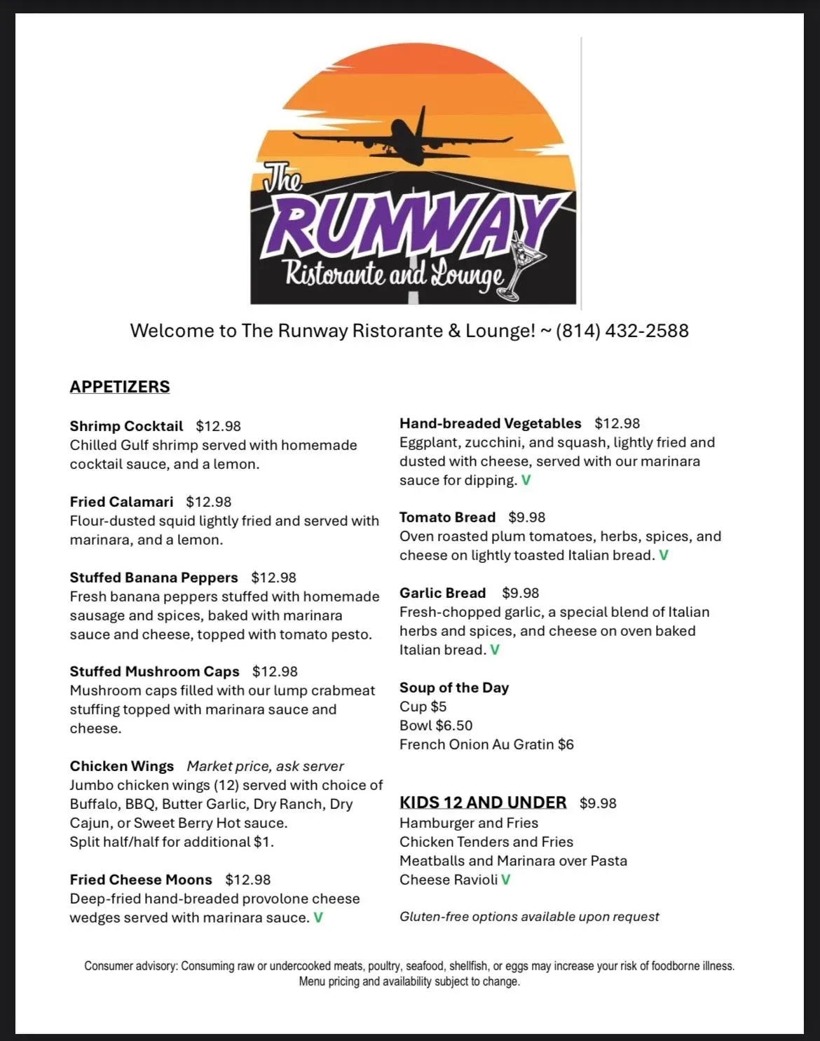 The Runway Ristorante & Lounge Menu - Updated November 2025