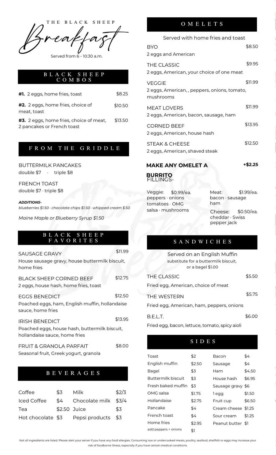 The Black Sheep Restaurant Menu - Updated November 2025