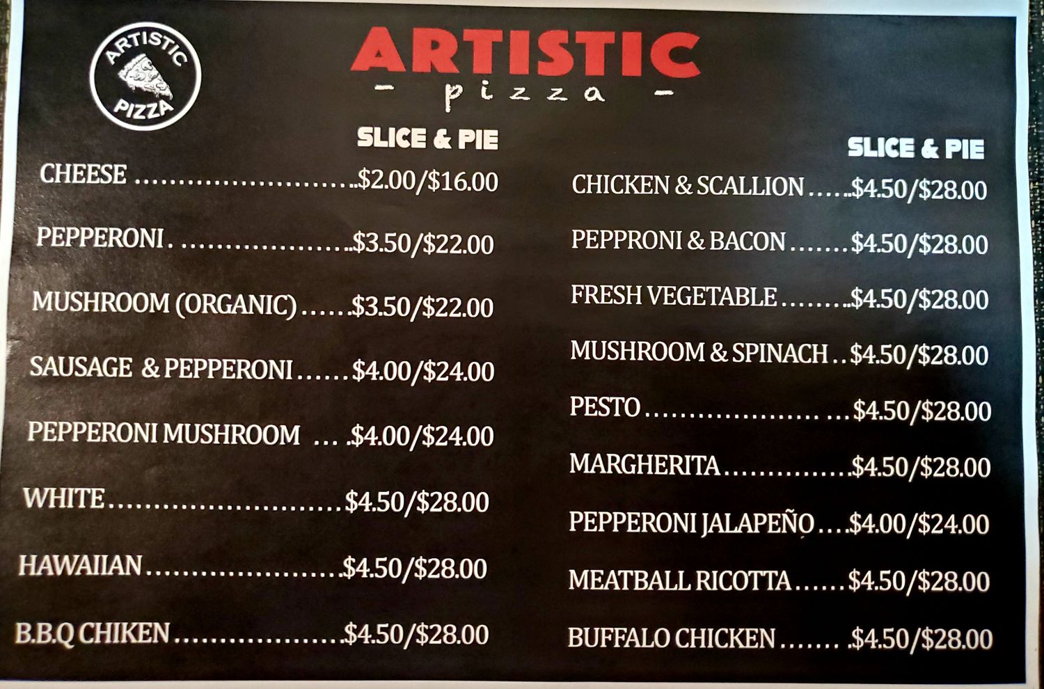 Artistic pizza menu