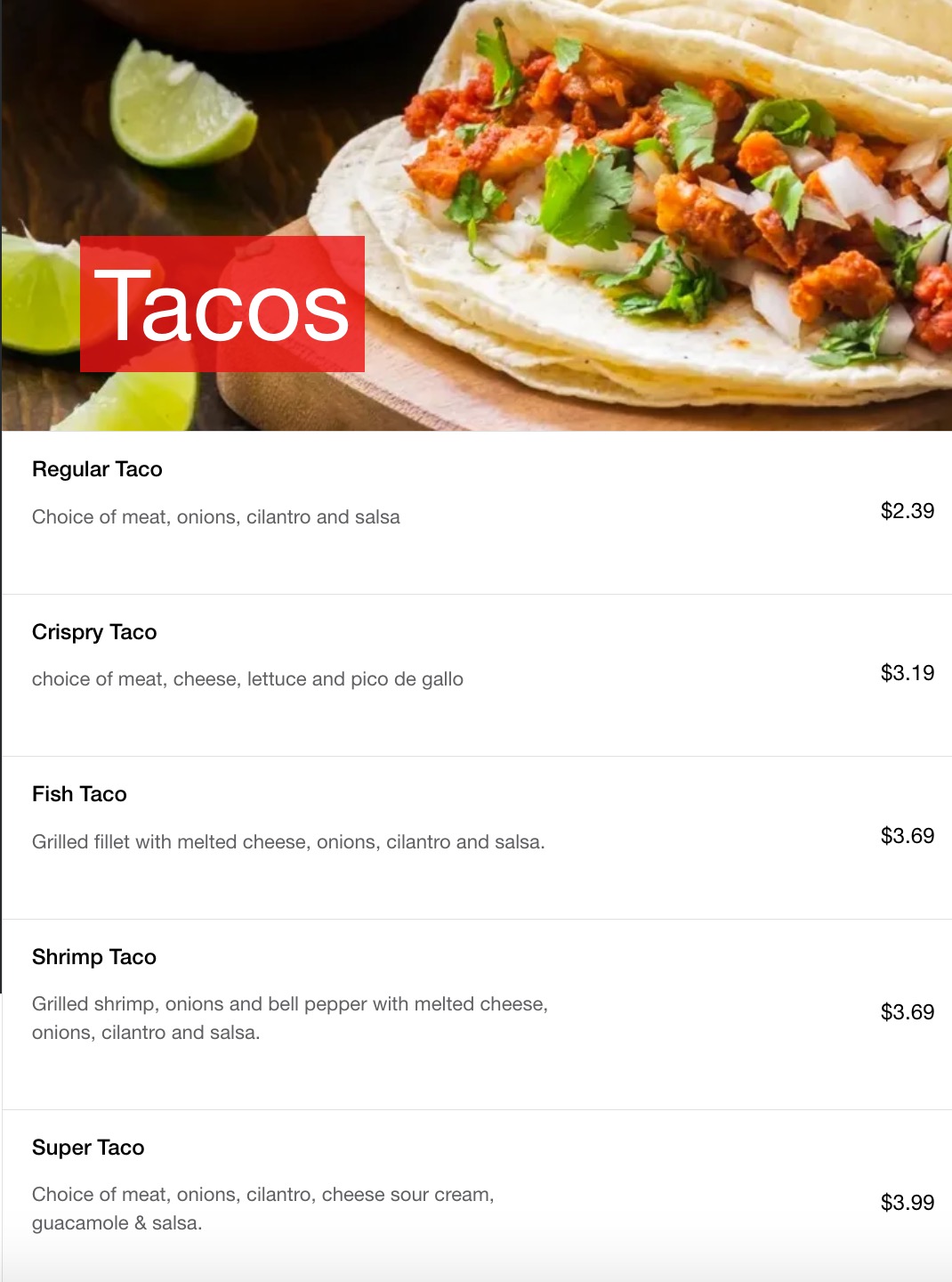 Taco Menu